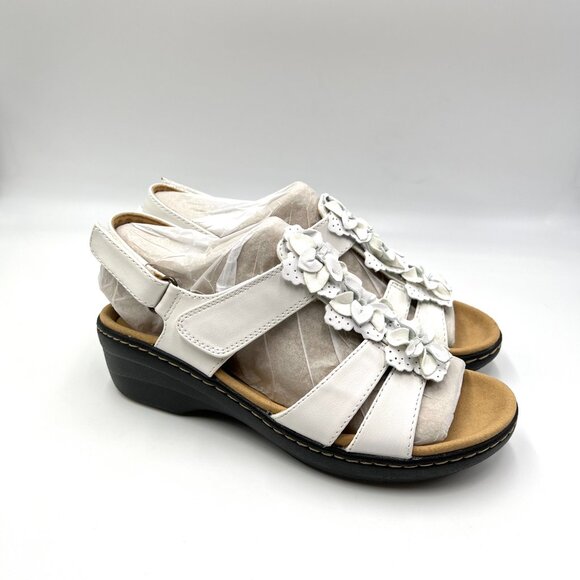 Clarks Womens Size 8.5 Merliah Sheryl White Leather Floral Wedge Sandals Shoes - Picture 1 of 14